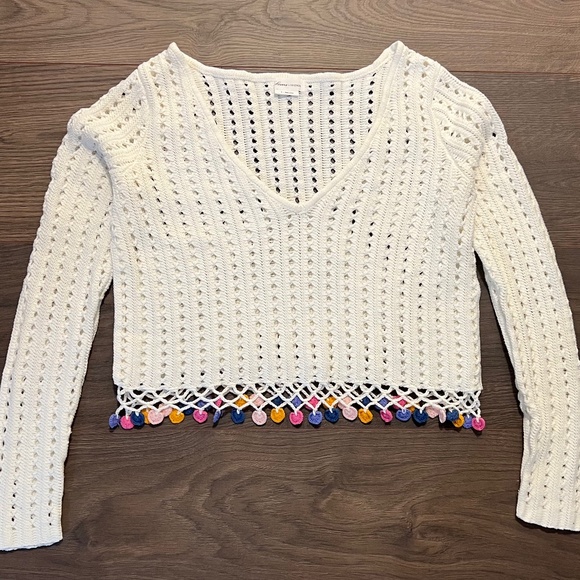 Lovers + Friends As You Are Knit Sweater Pom Pom Trim V-Neck White Size Medium - Picture 3 of 5